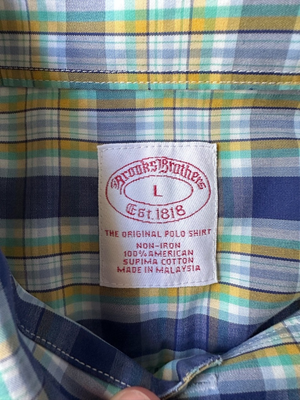 Brooks Brothers Blue Yellow Plaid Short-Sleeve Original Polo 100% Cotton Mens L - Picture 3 of 6